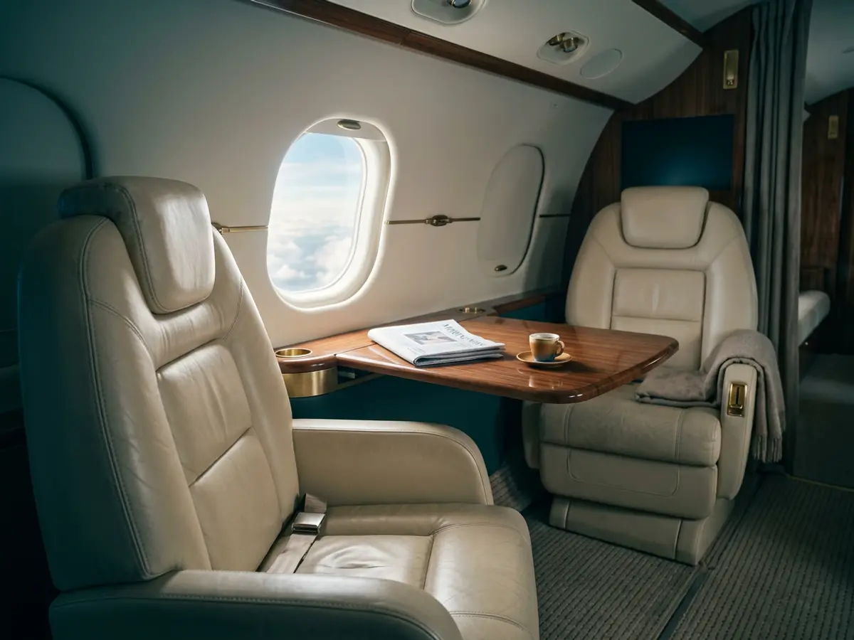 Kabine eines Privatjets mit Ledersitzen und Morgenlicht am Fenster